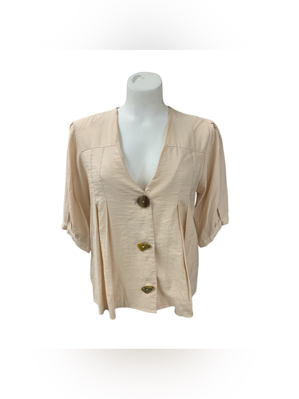 Dilvin Basic Cream Button-Front V-Neck Top Size M